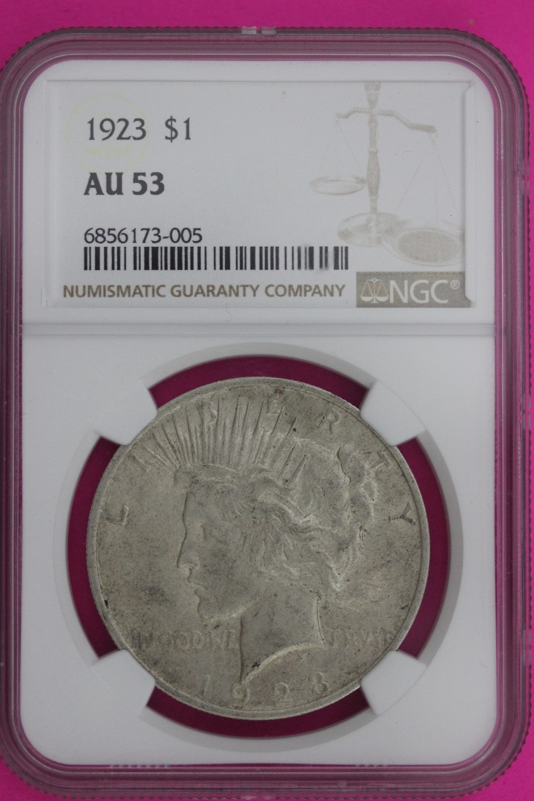 1923 P AU 53 Liberty Peace Silver Dollar NGC Certified Graded Authentic 1186