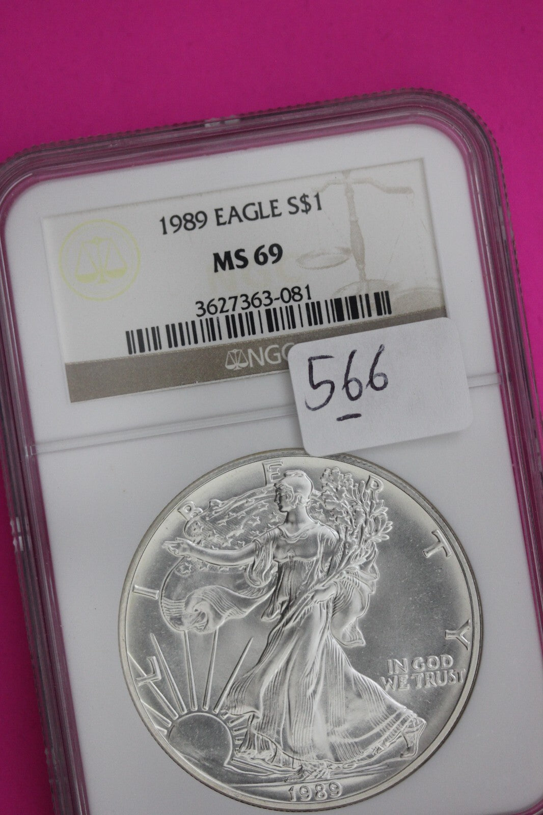 1989 MS 69 Silver Eagle Coin 1 OZ .999 NGC Certified Graded Authentic Slab 566