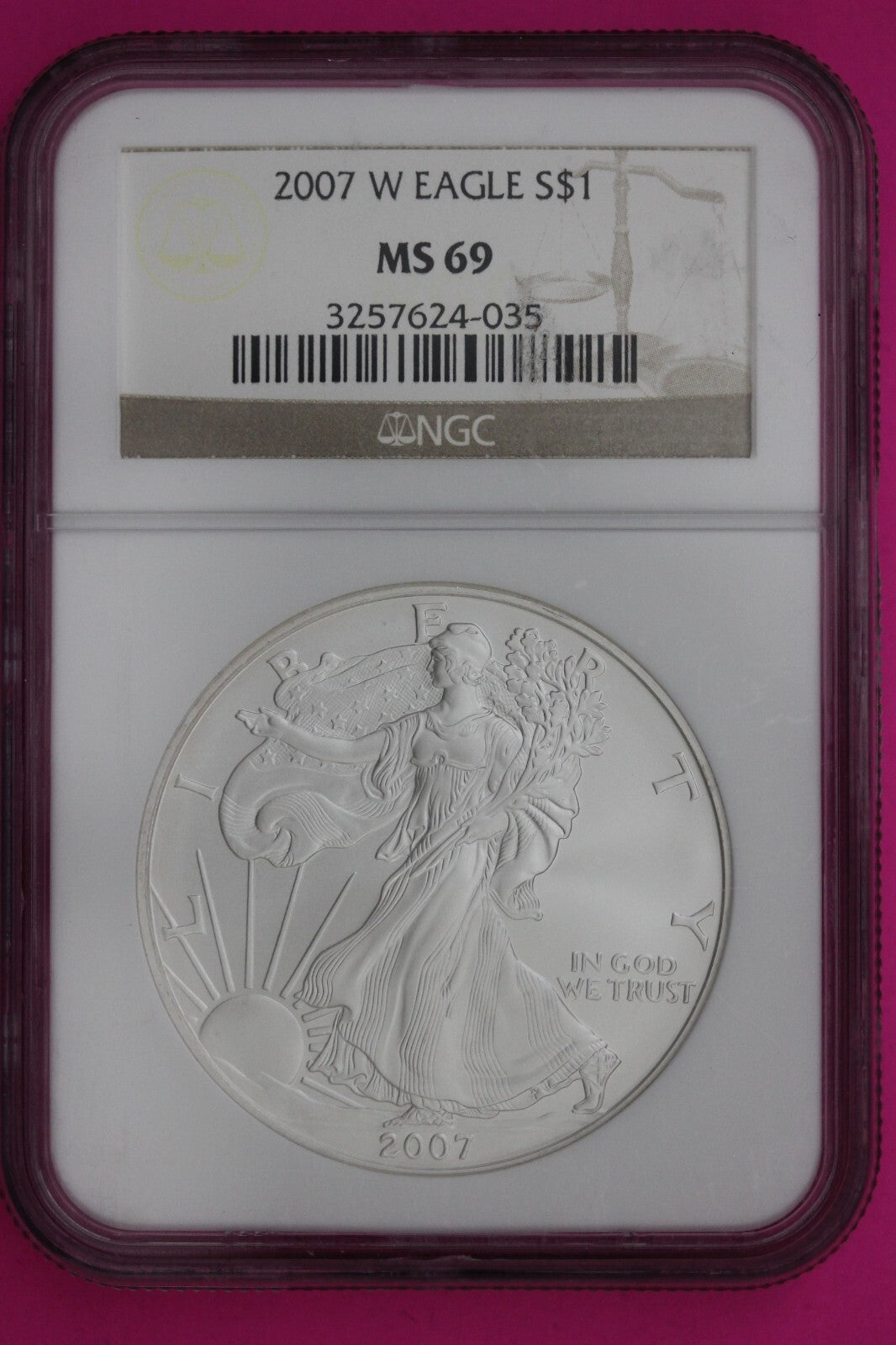 2007 W MS 69 Silver Eagle Coin 1 OZ .999 NGC Graded Certified Authentic Slab 496