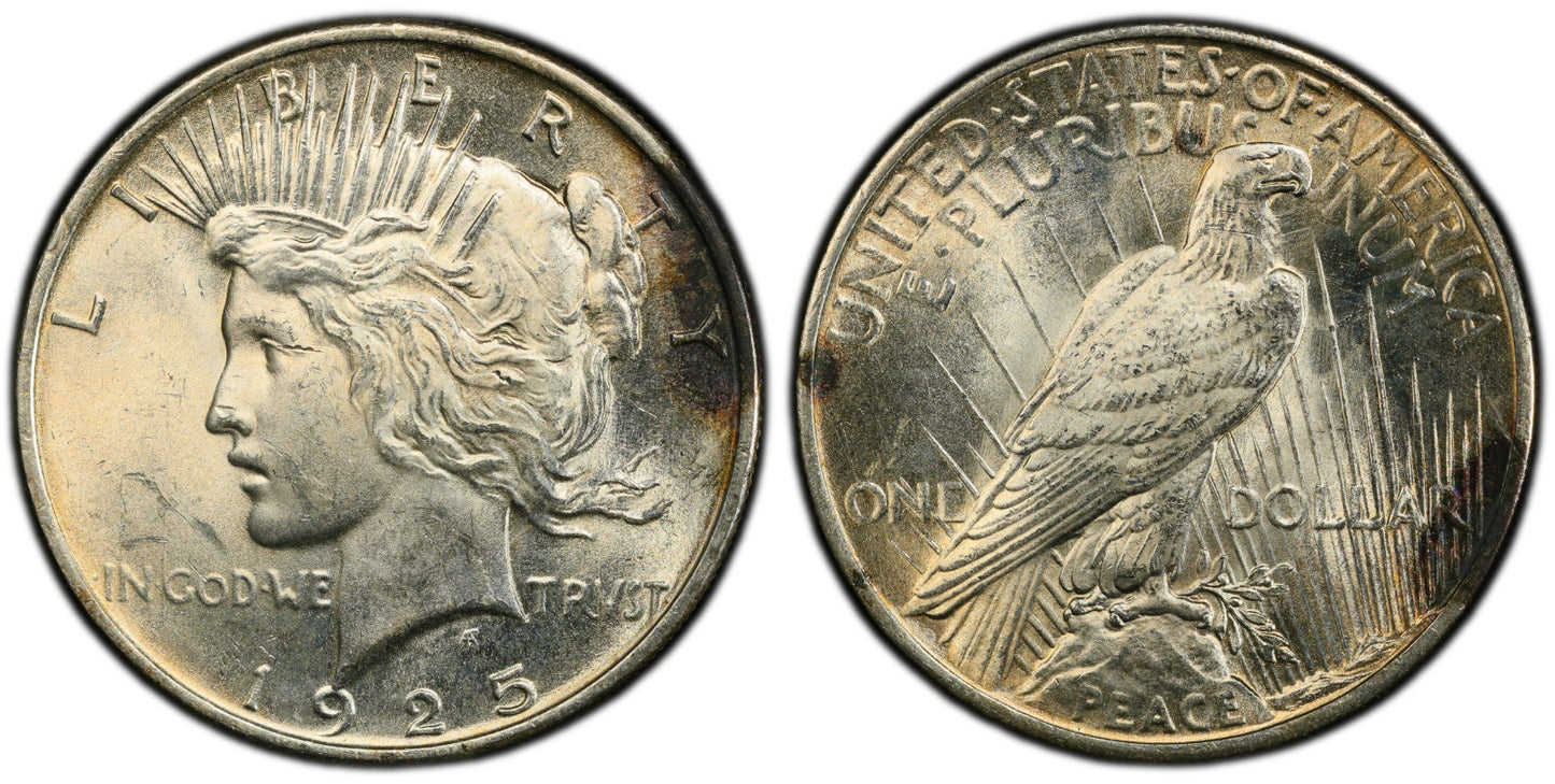 Toned 1925 P MS 62 Peace Silver Dollar PCGS Graded Certified Authentic Slab 375
