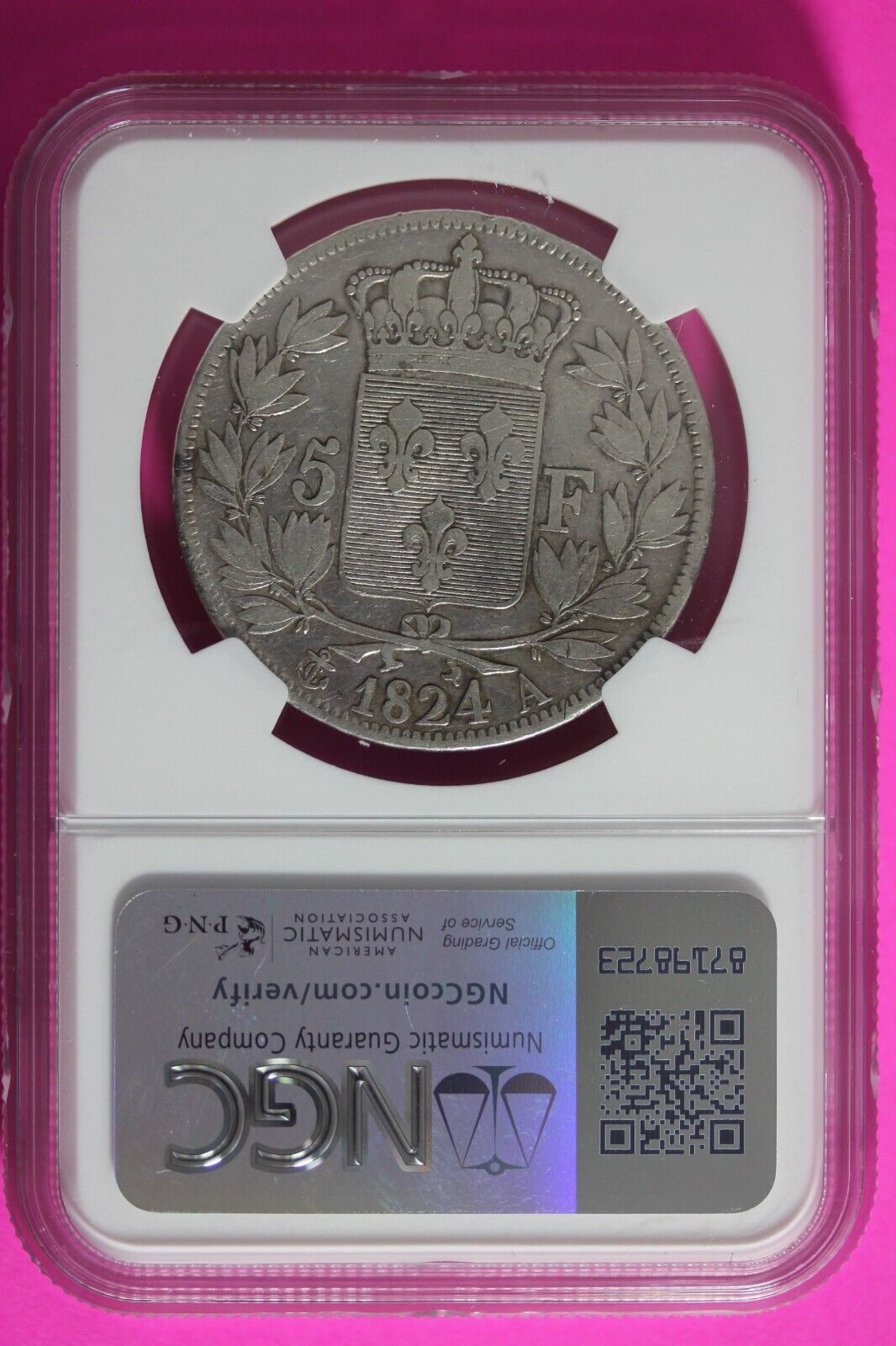1824 A VF Details France 5 Francs Silver Coin NGC Cleaned Certified Slab 619