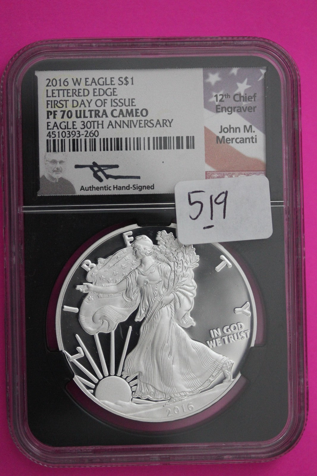 2016 W PF 70 Proof DCAM Silver American Eagle Lettered Edge NGC Mercanti Sig 519