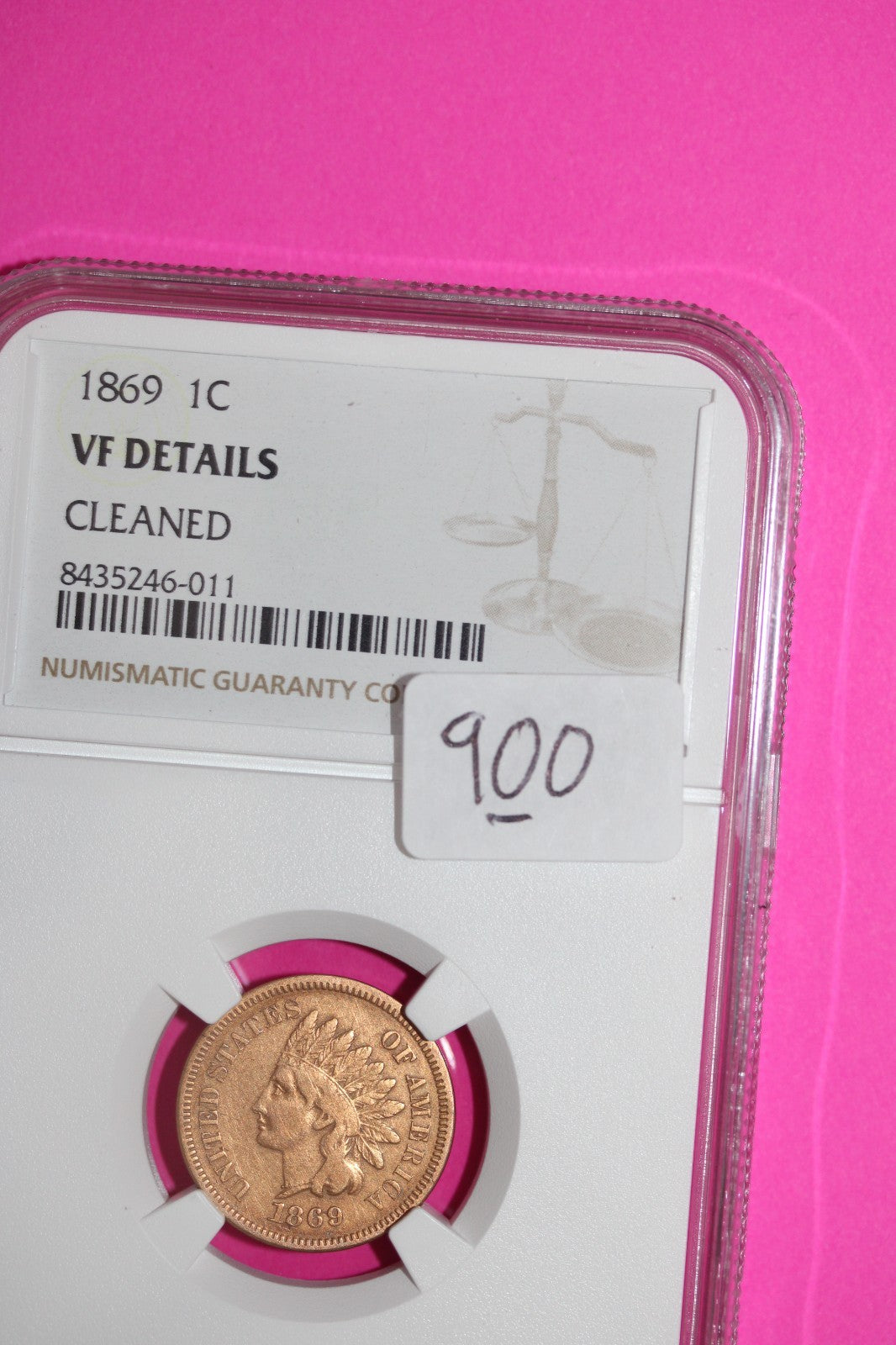 1869 Indian Head Cent Penny VF Details Cleaned NGC Certified Authentic Slab 900