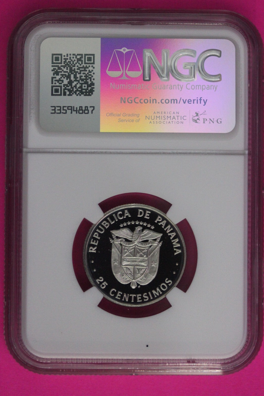1975 Panama PF 68 Ultra Cameo Proof 25 Centesimos NGC Graded Certified Slab 1028