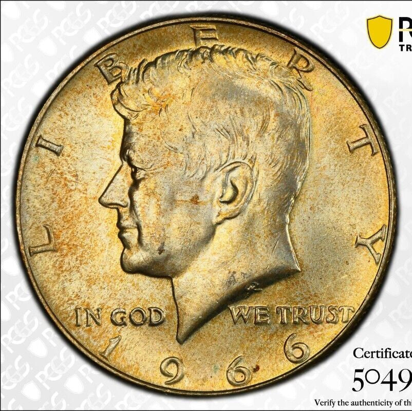 Toned 1966 Silver MS 65 John F Kennedy Silver Half Dollar PCGS Graded Slab 132