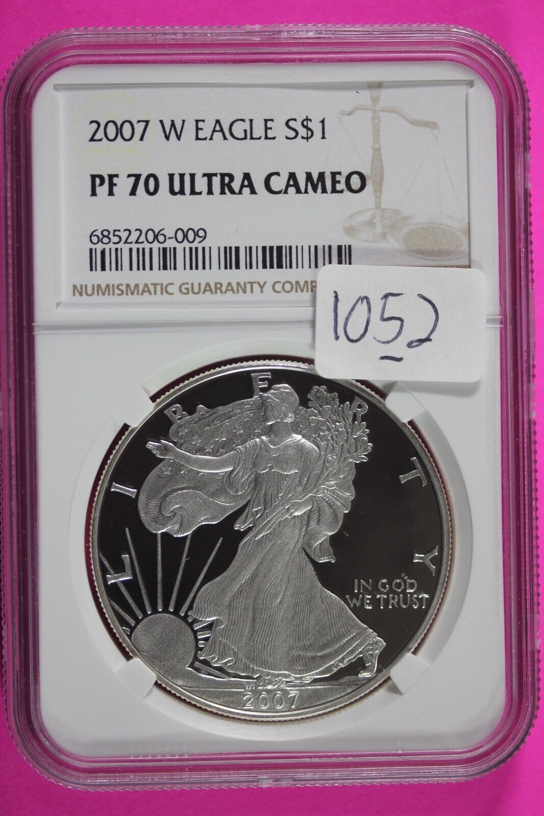 2007 W PF 70 Silver American Eagle Deep Cameo Authentic Proof Coin NGC Slab 1052