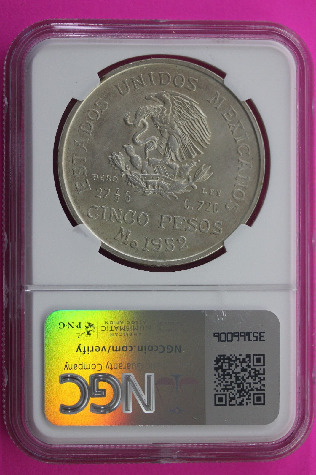 1952 MS 65 Mexico 5 Pesos Silver Coin NGC Certified Graded Authentic Slab 174