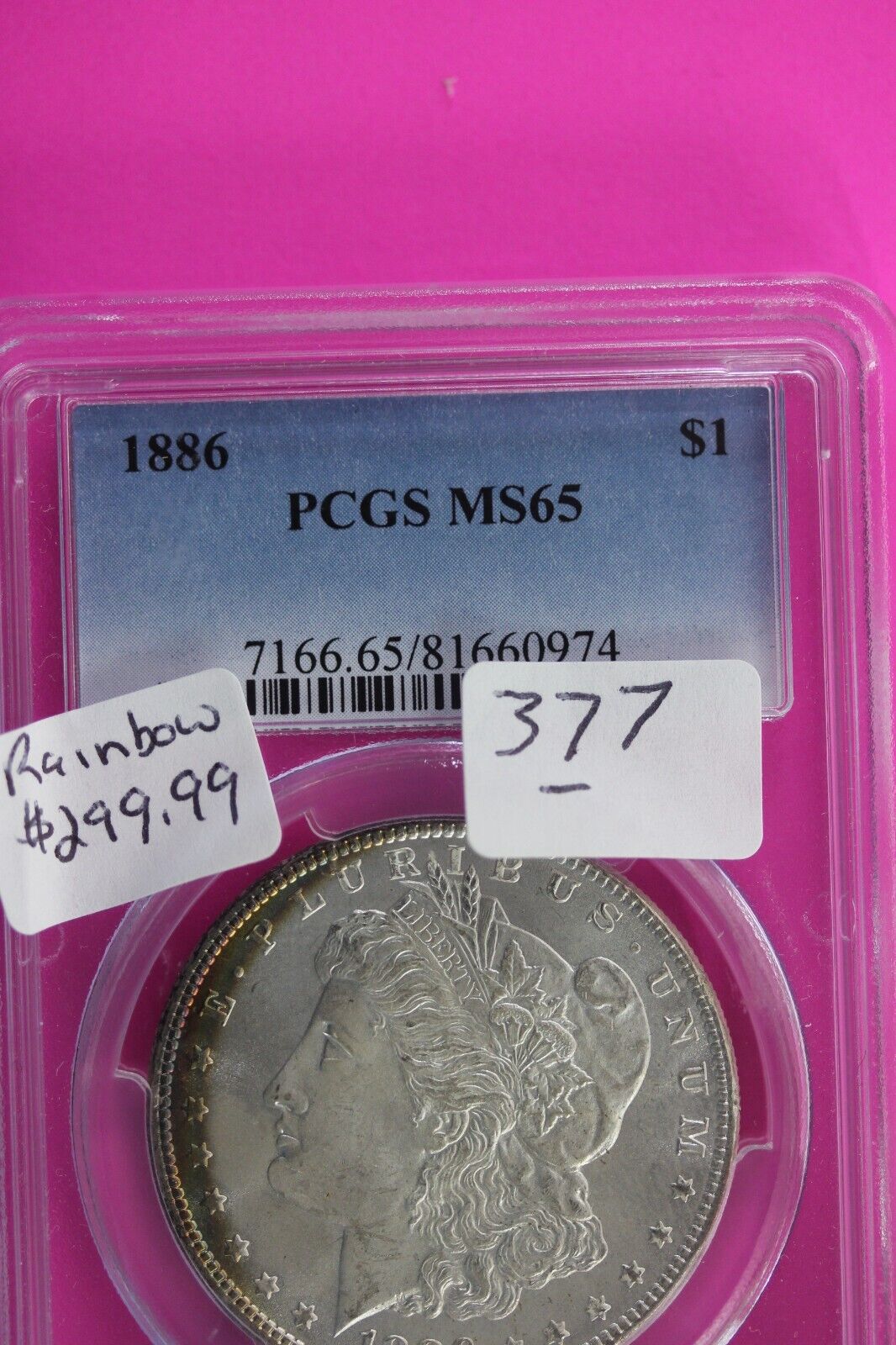 Rainbow Toned 1886 P MS 65 Liberty Morgan Silver Dollar PCGS Certified Slab 377