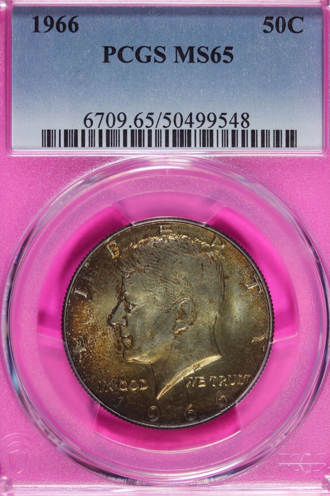 Toned 1966 Silver MS 65 John F Kennedy Silver Half Dollar PCGS Graded Slab 138