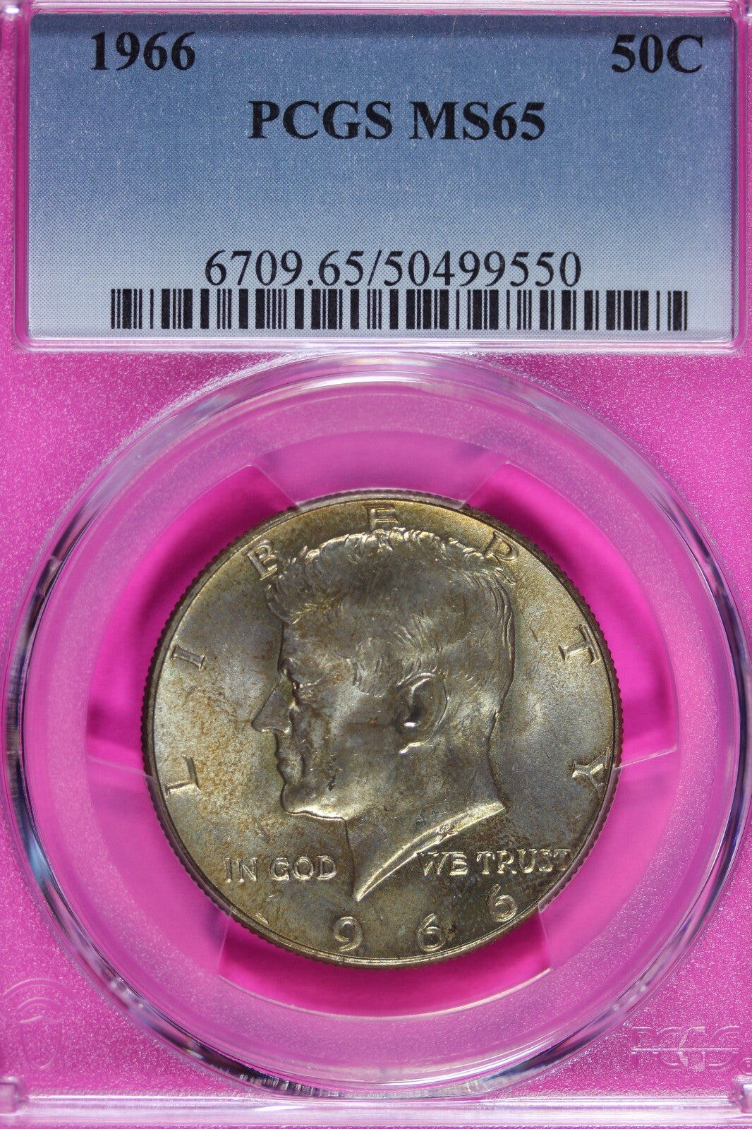 Toned 1966 Silver MS 65 John F Kennedy Silver Half Dollar PCGS Graded Slab 132