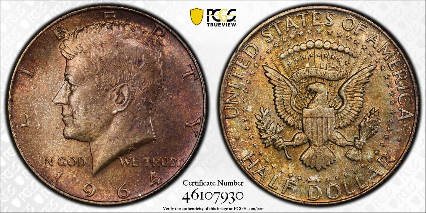 Toned Color 1964 P MS 66 John Kennedy Half Dollar PCGS Graded Trueview Slab 55