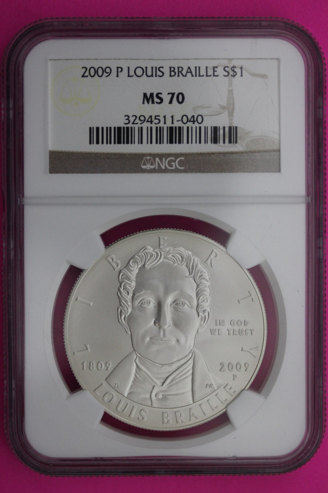 2009 P MS 70 Louis Braille Commemorative Silver Dollar NGC Graded Authentic 306