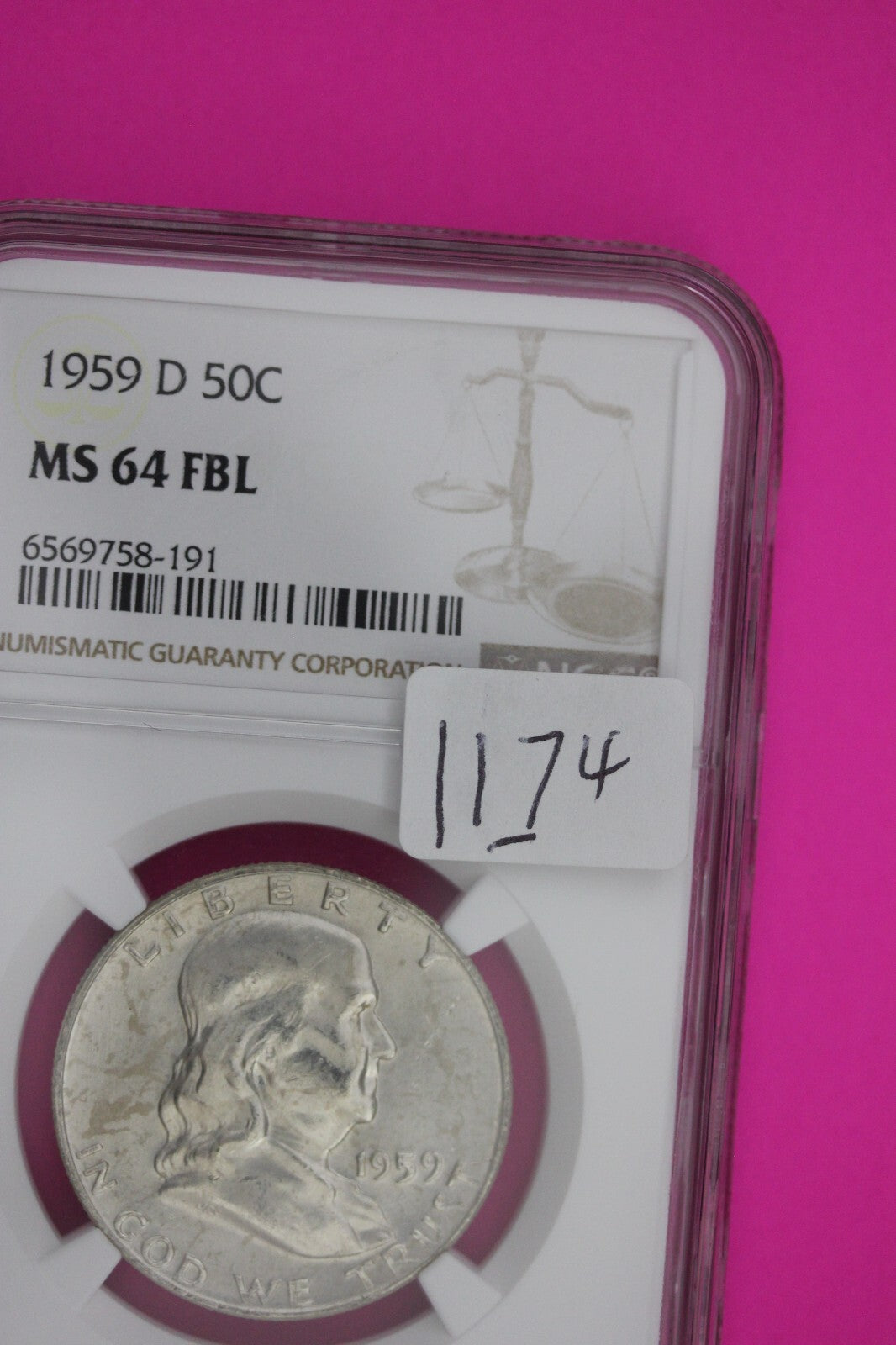 1959 D MS 64 Full Bell Lines Ben Franklin Silver Half Dollar NGC FBL Slab 1174