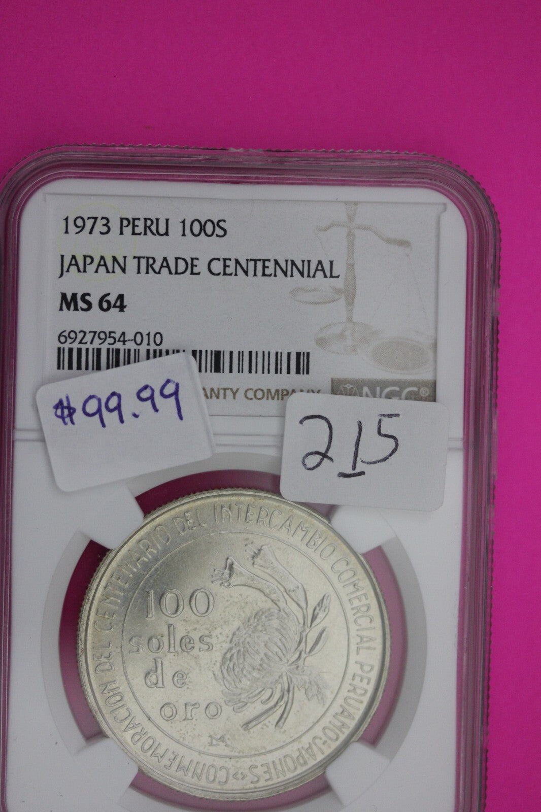 1973 MS 64 Peru 100 Soles Japan Trade Centennial Silver Coin NGC Certified 215