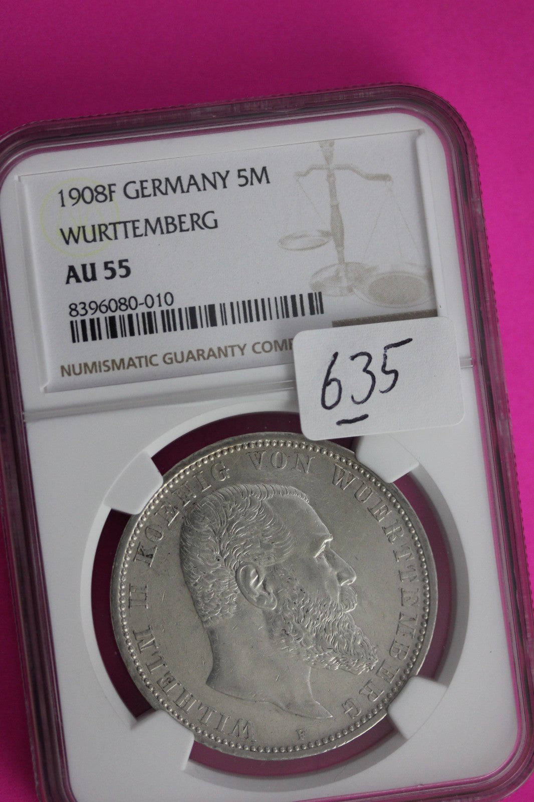 1908 F AU 55 Germany Wurttemberg 5 Marks Silver Coin NGC Certified Authentic 635