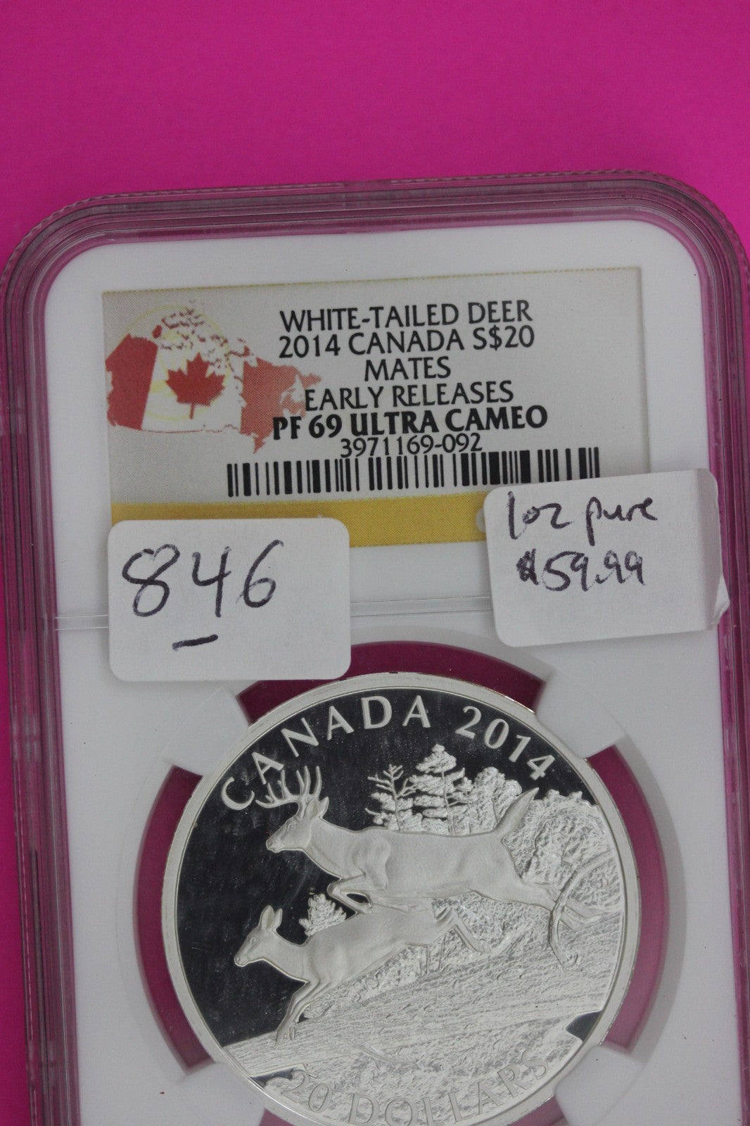 2014 PF 69 White Tailed Deer Mates Canada 1 OZ Silver $20 NGC Certified Slab 846