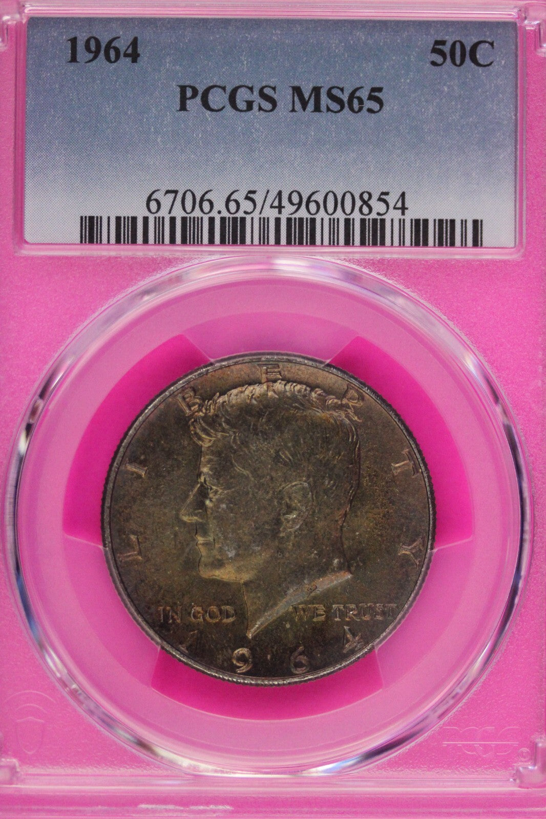 Toned 1964 P Silver MS 65 John F Kennedy Silver Half Dollar PCGS Graded 322