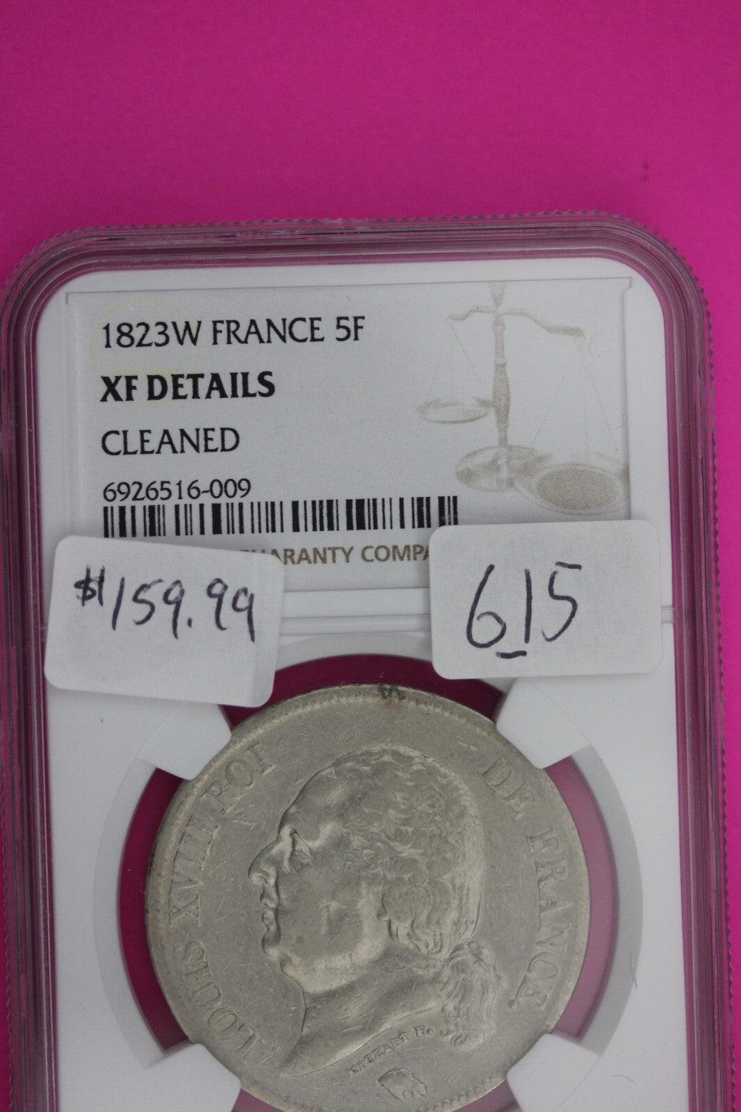 1823 W XF Details France 5 Francs Silver Coin NGC Cleaned Certified Slab 615