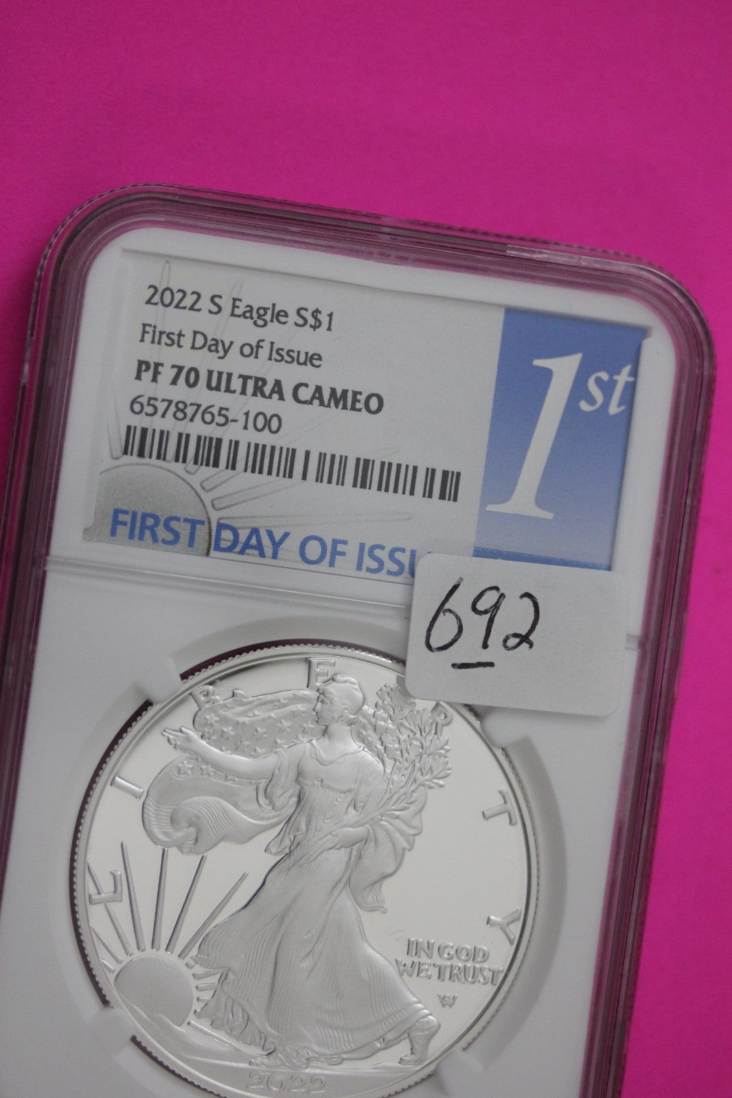 2022 S PF 70 Silver Eagle Proof DCAM 1 OZ .999 Silver NGC 1rst Day Issue 692