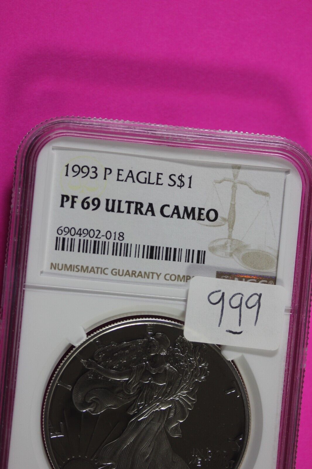 1993 P PF 69 Silver American Eagle Deep Cameo Authentic Proof Coin NGC Slab 999