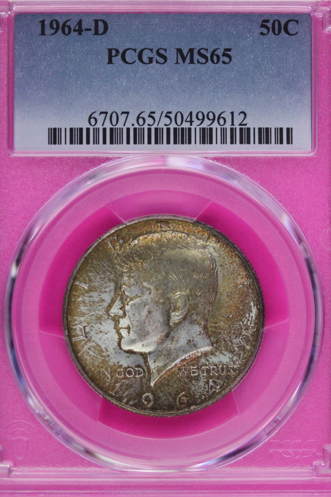 Toned 1964 D Silver MS 65 John F Kennedy Silver Half Dollar PCGS Graded 297