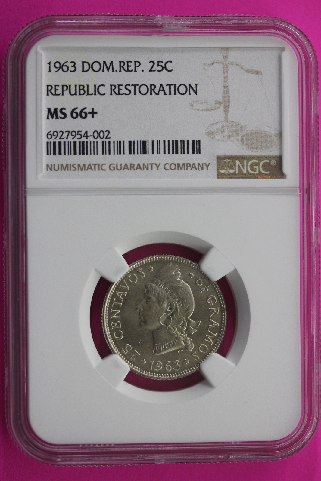 1963 MS 66+ Dominican Republic 25 Centavos Silver Coin NGC Certified Slab 156