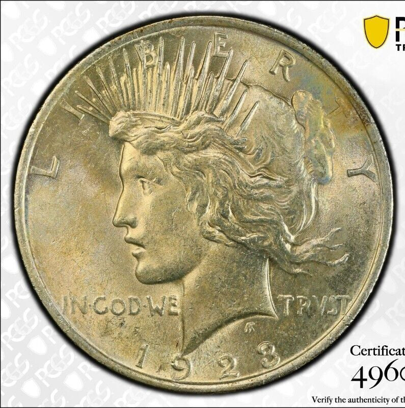 Toned 1923 P MS 63 Peace Silver Dollar PCGS Graded Certified Authentic Slab 52