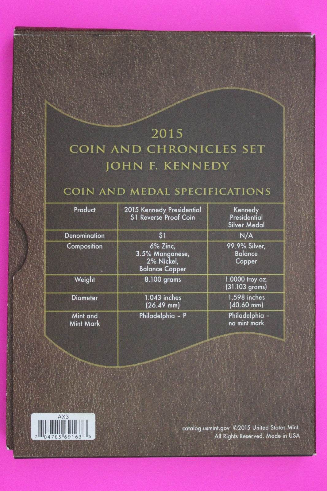 Gem 2015 John Kennedy Coins & Chronicles Mint Set 1 Ounce Silver Box & COA 7066