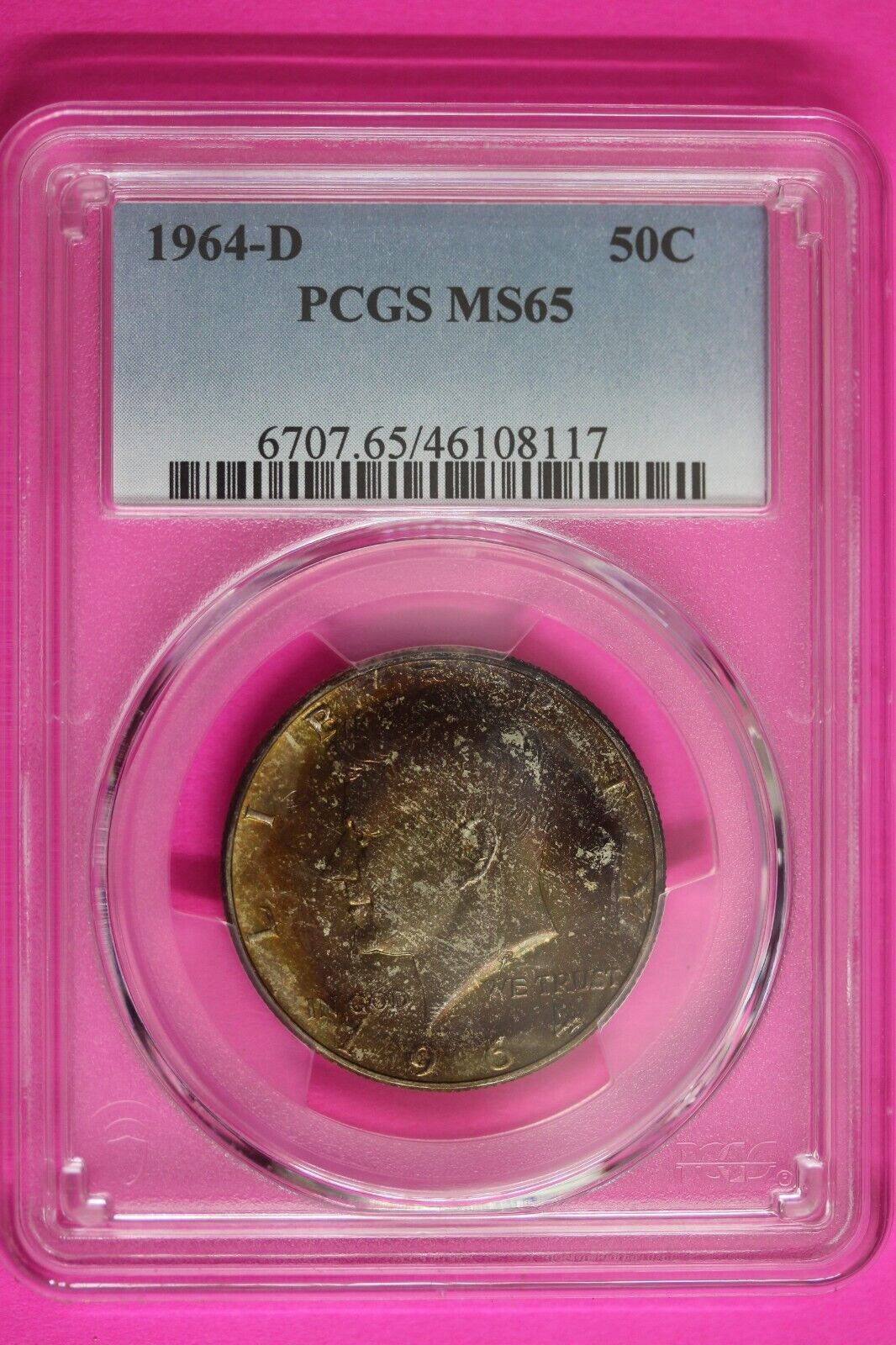 Rainbow Toned 1964 D MS 65 Kennedy Half Dollar PCGS Trueview Certified 658