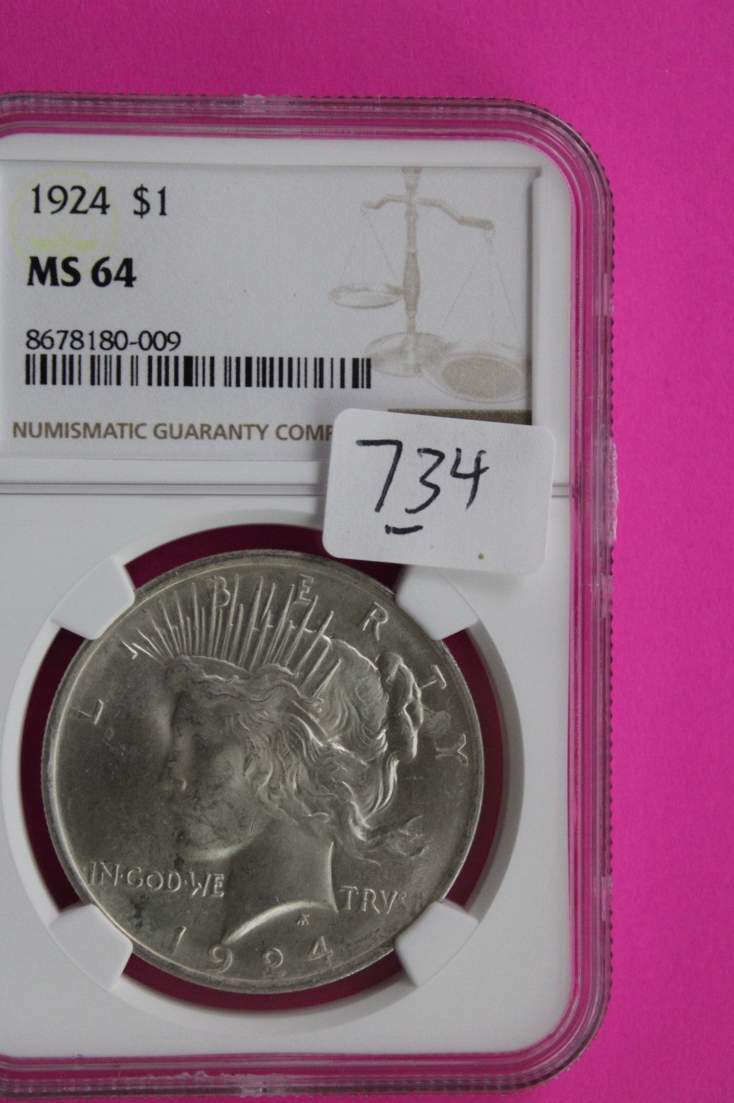 1924 P MS 64 Liberty Peace Silver Dollar NGC Certified Graded Authentic 734