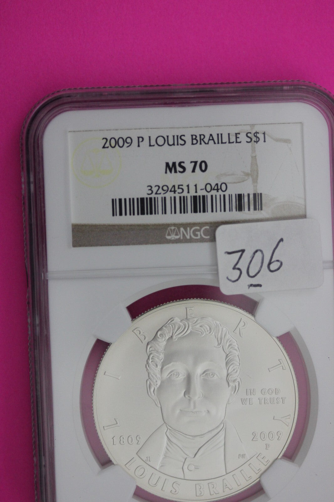 2009 P MS 70 Louis Braille Commemorative Silver Dollar NGC Graded Authentic 306