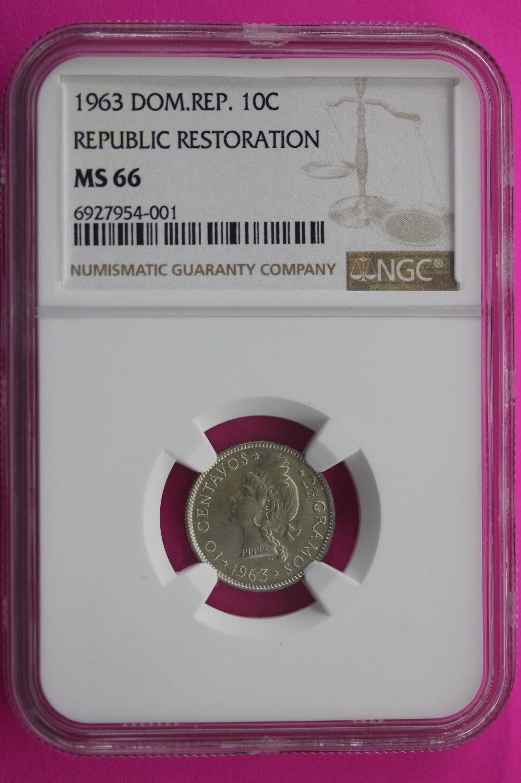 1963 MS 63 Dominican Republic 10 Centavos Silver Coin NGC Certified Slab 159
