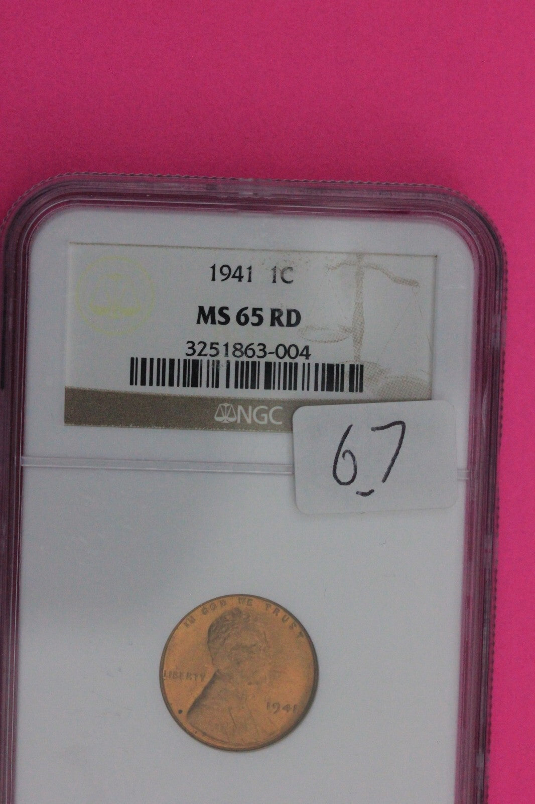 1941 P MS 65 RD Lincoln Wheat Cent Penny NGC Graded Certified Authentic Slab 67