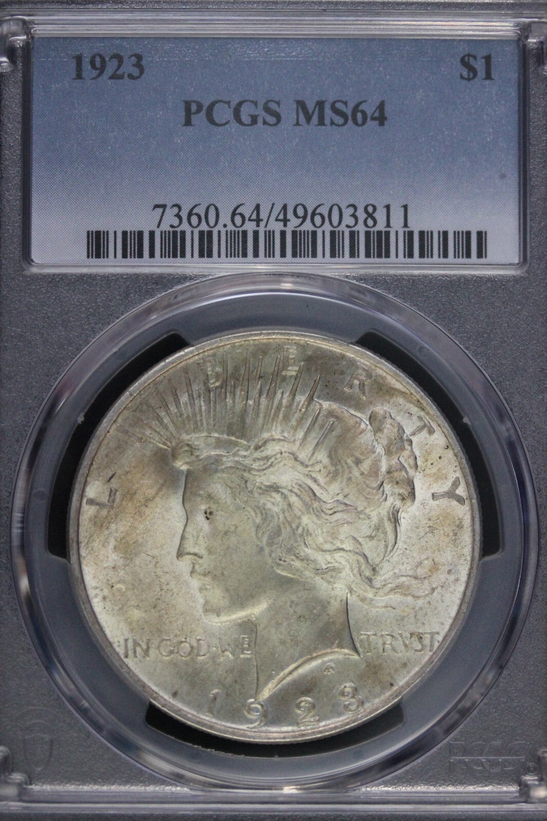 Toned 1923 P MS 64 Peace Silver Dollar PCGS Graded Certified Authentic Slab 49