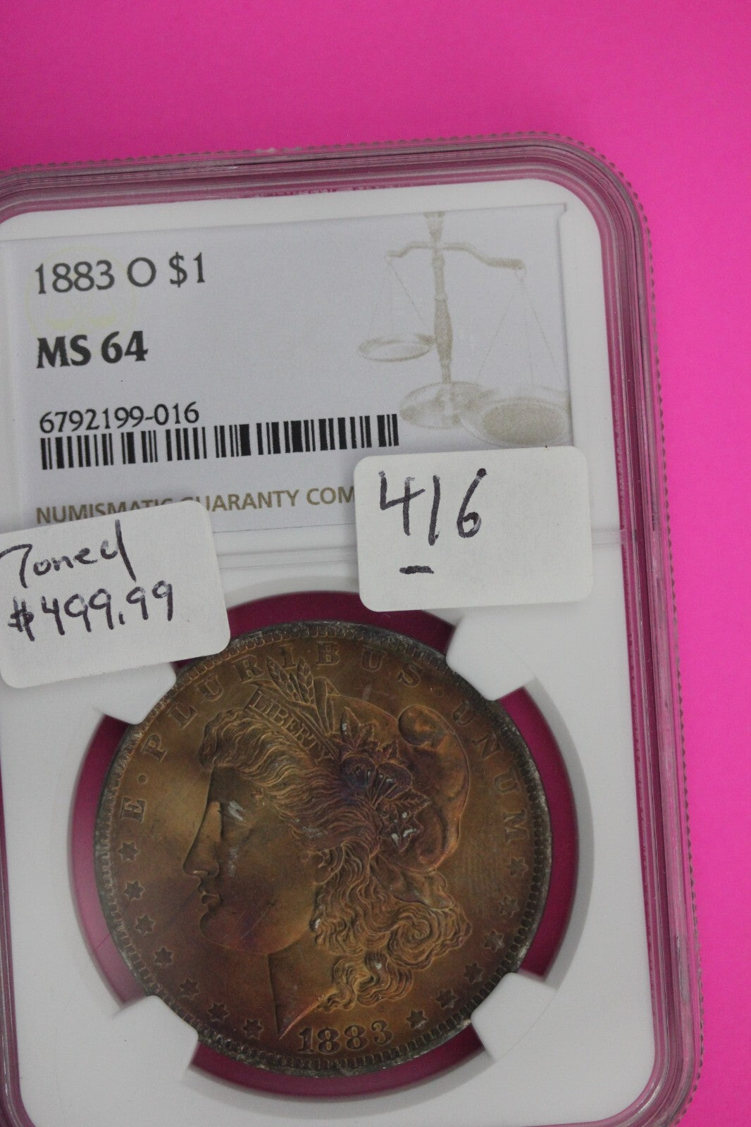 Golden Toned 1883 O MS 64 Liberty Morgan Silver Dollar NGC Certified Slab 416