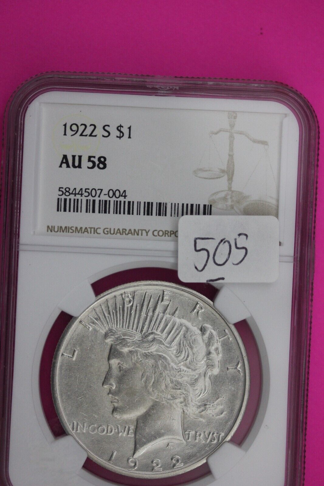 1922 S AU 58 Liberty Peace Silver Dollar NGC Graded Certified Authentic Slab 505