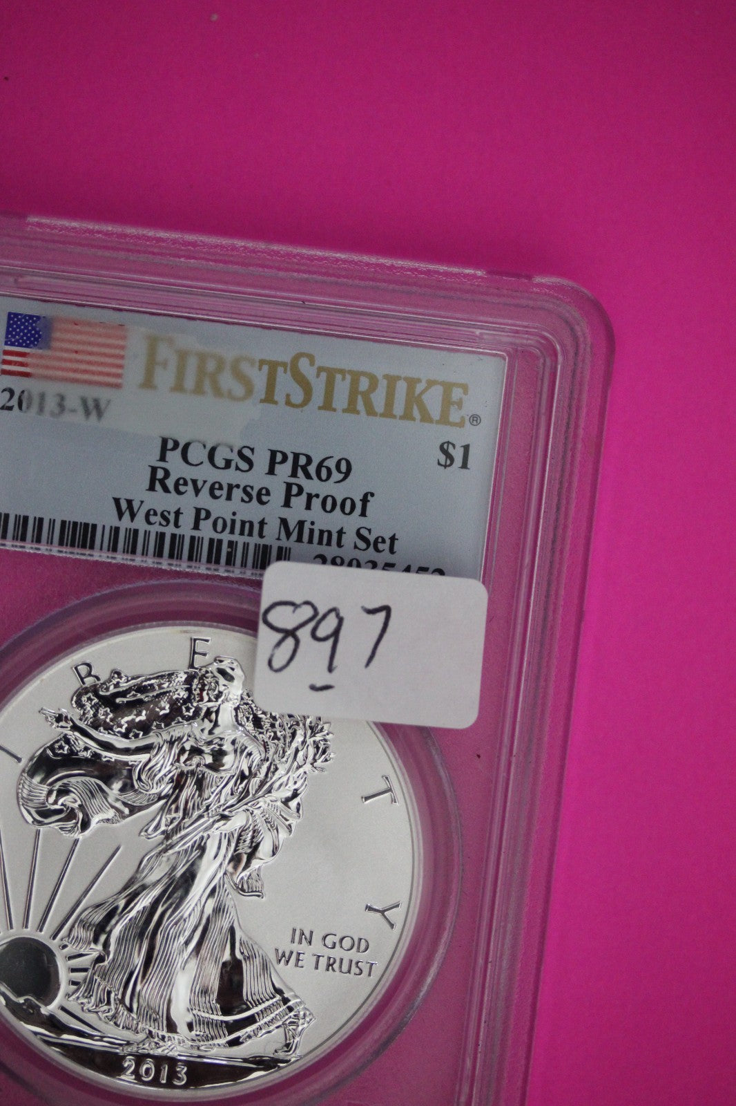 2013 W Reverse Proof Silver Eagle PR 69 Glue Residue on Slab DCAM 1 OZ PCGS 897