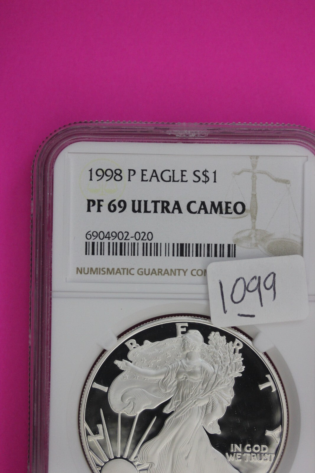 1998 P PF 69 Silver American Eagle Ultra Cameo Authentic Proof Coin NGC 1099