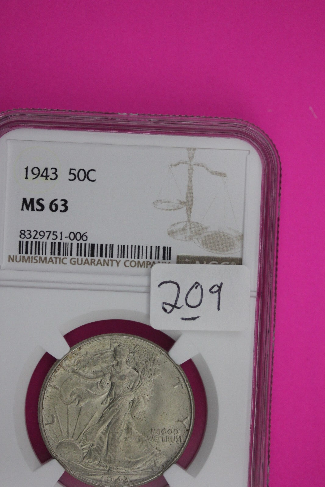 1943 P MS 63 Walking Liberty Half Dollar NGC Graded Certified Authentic 209