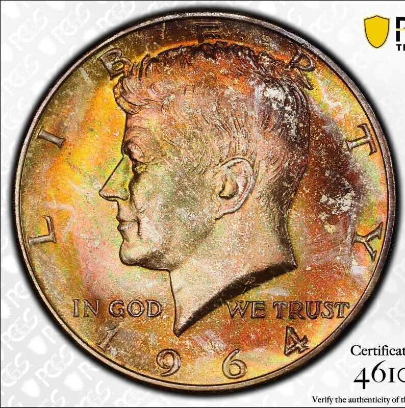 Rainbow Toned 1964 D MS 65 Kennedy Half Dollar PCGS Trueview Certified 658
