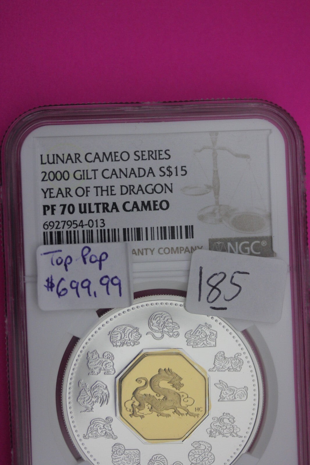 Rare Top Pop 2000 PF 70 Gilded Canada $15 Proof Year Of The Dragon Lunar NGC 185