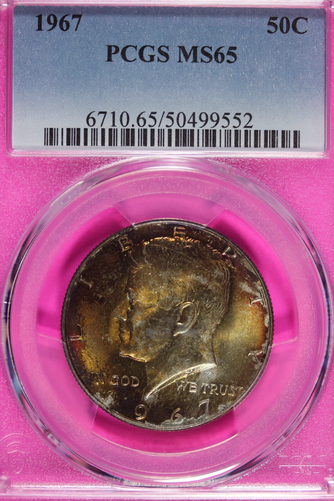Rainbow Toned 1967 Silver MS 65 John F Kennedy Silver Half Dollar PCGS Slab 146