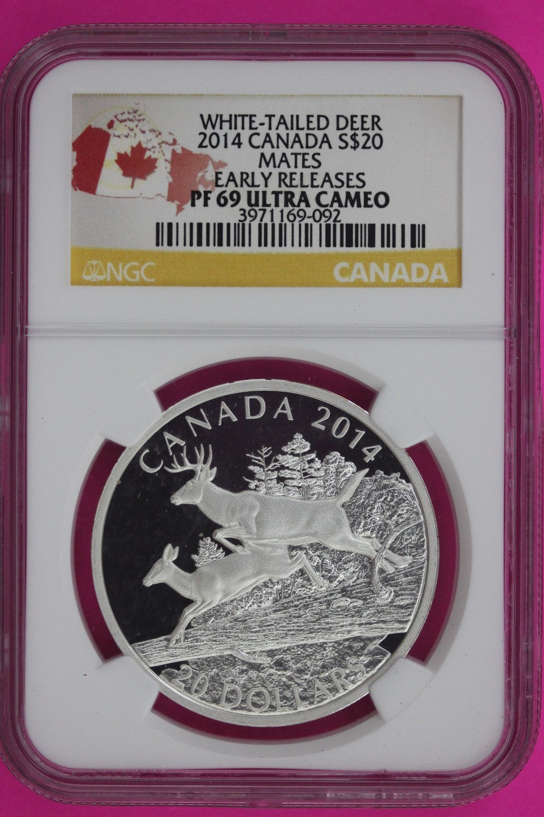 2014 PF 69 White Tailed Deer Mates Canada 1 OZ Silver $20 NGC Certified Slab 846