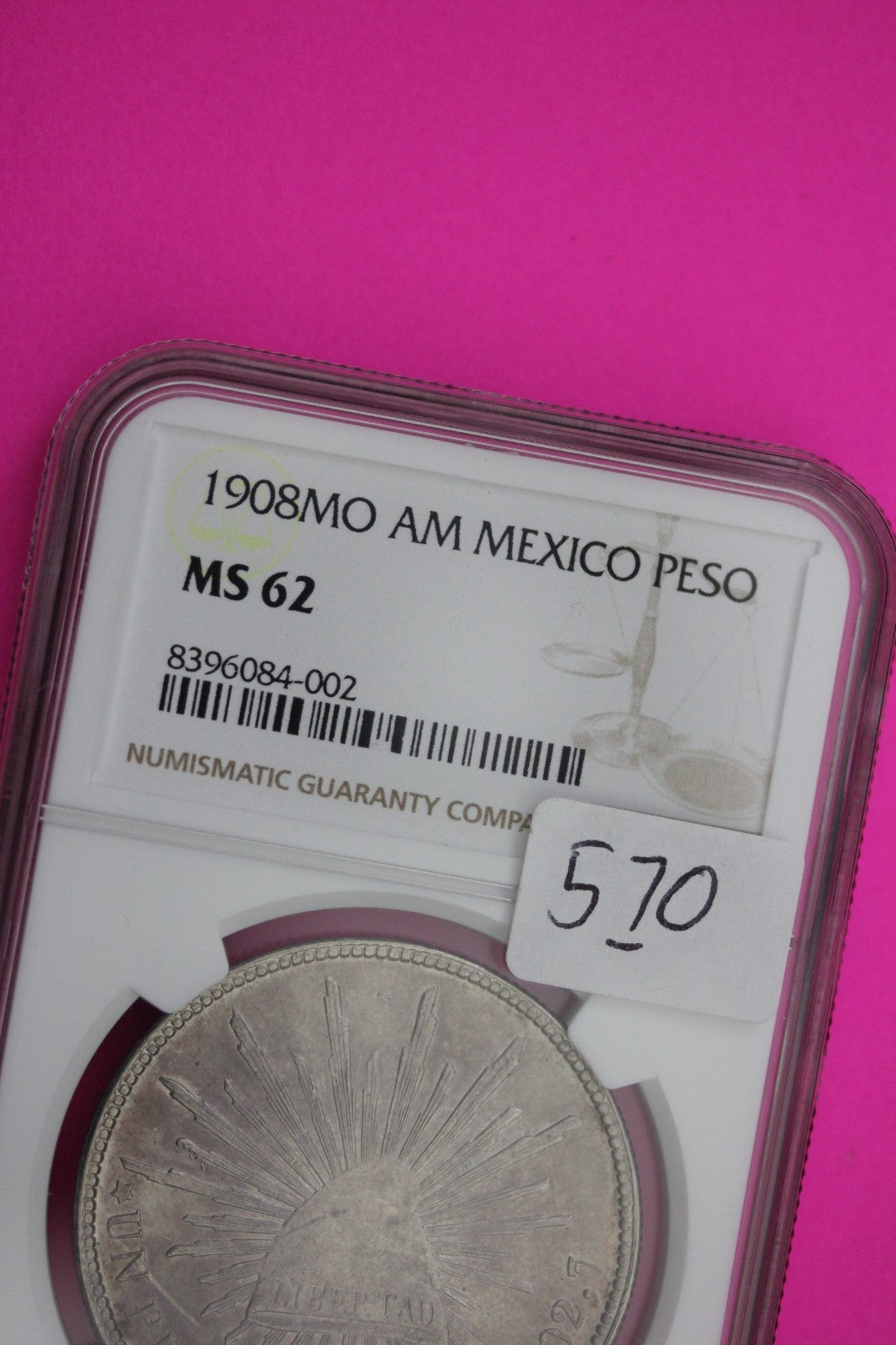 1908 MS 62 AM Mexico 1 Peso Silver Coin NGC Authentic Graded Authentic Slab 570