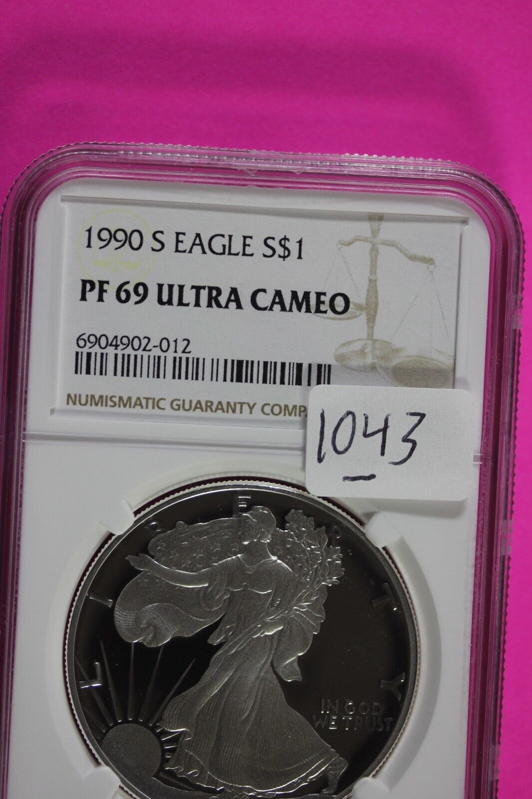 1990 S PF 69 Silver American Eagle Deep Cameo Authentic Proof Coin NGC Slab 1043