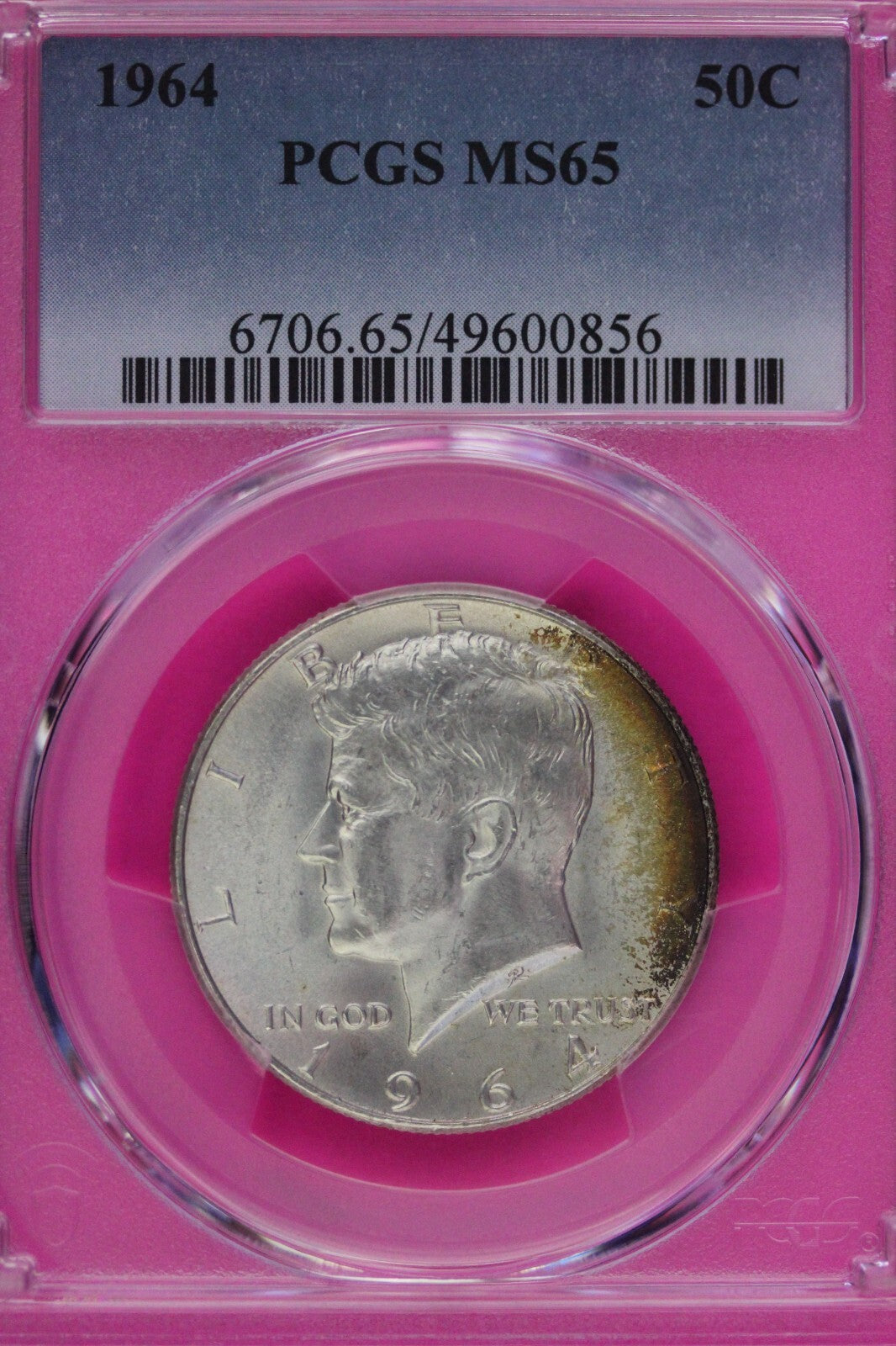 Toned 1964 P Silver MS 65 John F Kennedy Silver Half Dollar PCGS Graded 311