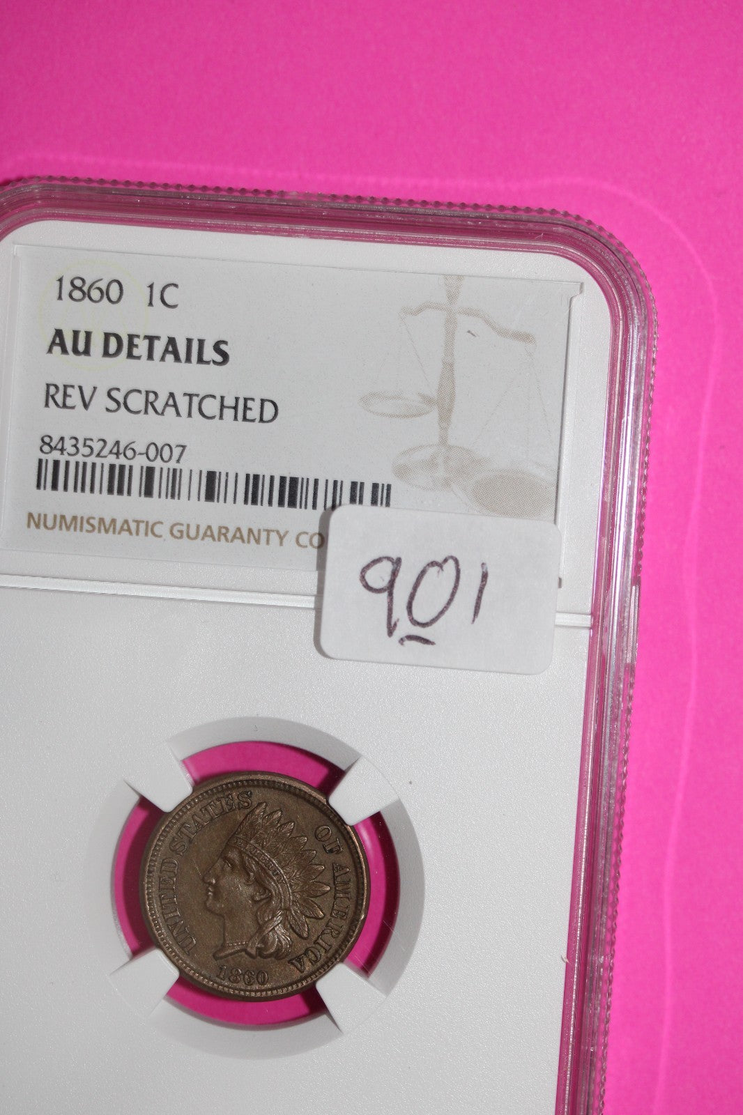 1860 Indian Head Cent Penny AU Details Rev Scratched NGC Certified Authentic 901