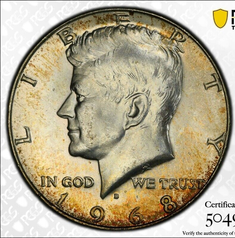 Toned 1968 D Silver MS 65 John F Kennedy Silver Half Dollar PCGS Graded Slab 149