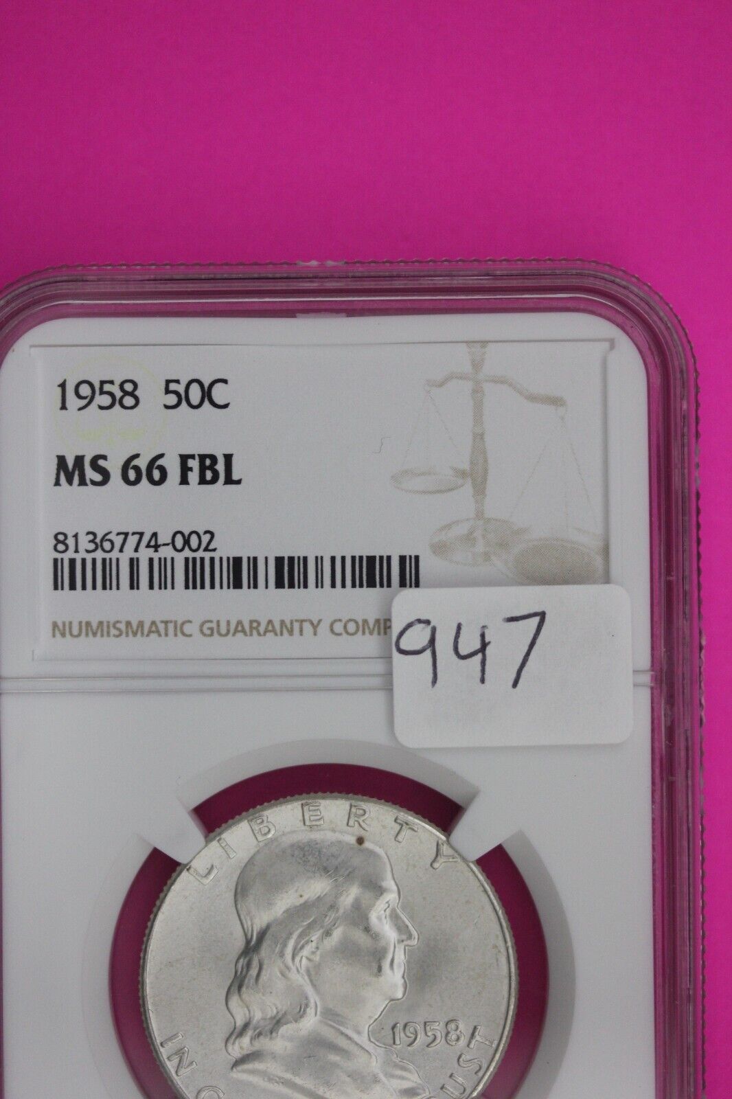 Full Bell Lines 1958 P MS 66 FBL Ben Franklin Half Dollar Silver Coin NGC 947