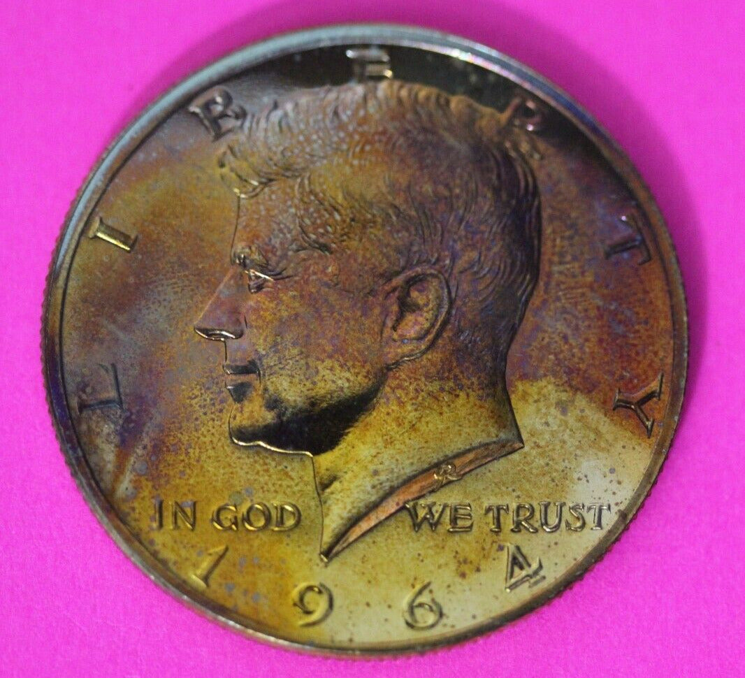 Rainbow Toned 1964 Accented Hair John F Kennedy Proof Half Dollar Exact Coin 16